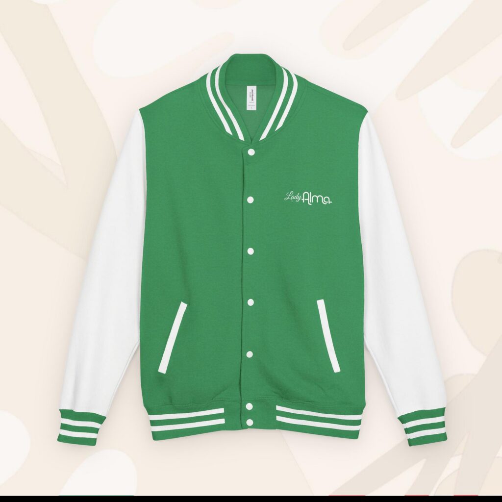 unisex heavyweight letterman jacket kelly green arctic white front 6a3437a1d96b3.jpg