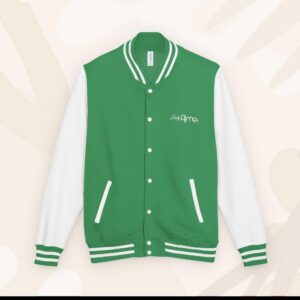unisex heavyweight letterman jacket kelly green arctic white front 6a3437a1d96b3.jpg
