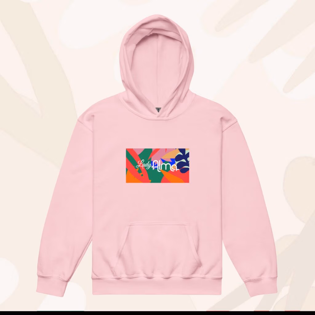 Lady Alma youth heavy blend hoodie in light pink, front view